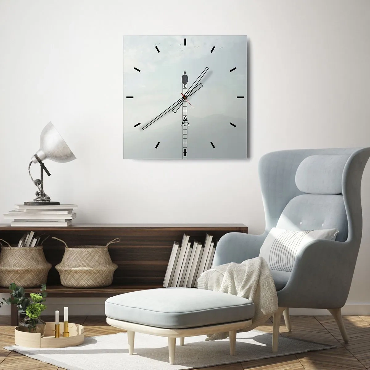 Wanduhr - Glasuhr - Ein Mann auf einer Leiter, die in den Himmel ragt - 30x30cm - Erhebe dich darüber! - Moderne Wanddekoration für Wohnzimmer und Schlafzimmer ARTTOR