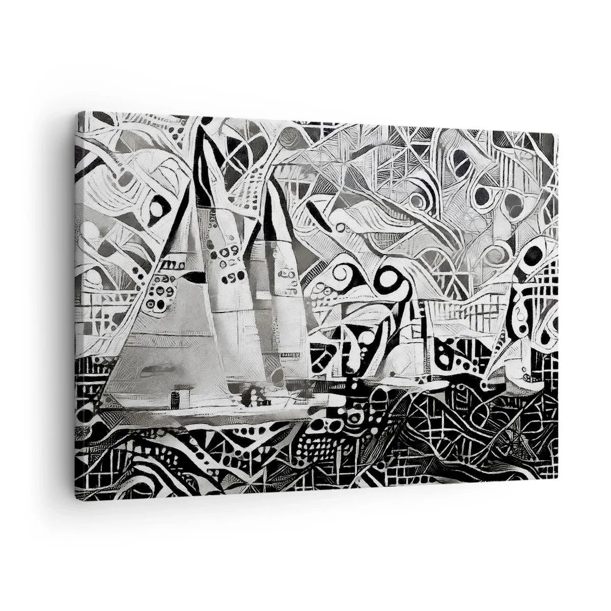 Bild auf Leinwand - Leinwandbild - Abstrakte Segelboote in einer monochromen Komposition - 70x50cm - Zwischen den Wellen - Moderne Wanddekoration für Wohnzimmer und Schlafzimmer ARTTOR