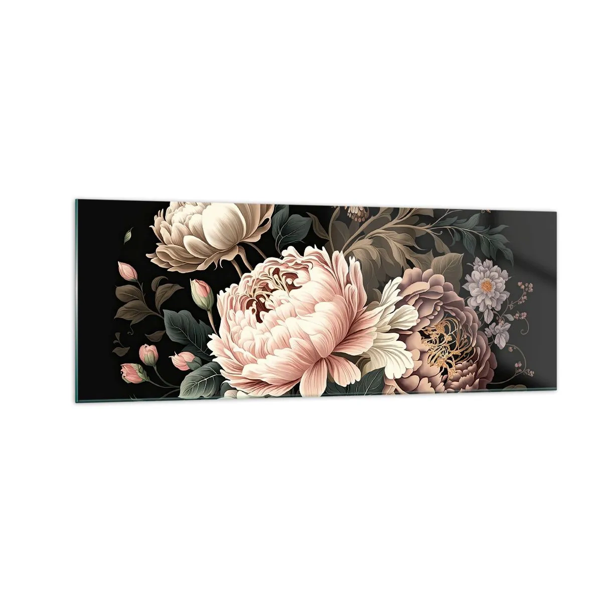 Glasbild - Bild auf glas - Ein Strauß rosa Blumen und Schmetterlinge auf schwarzem Hintergrund - 140x50cm - Im Barockstil - Moderne Wanddekoration für Wohnzimmer und Schlafzimmer ARTTOR