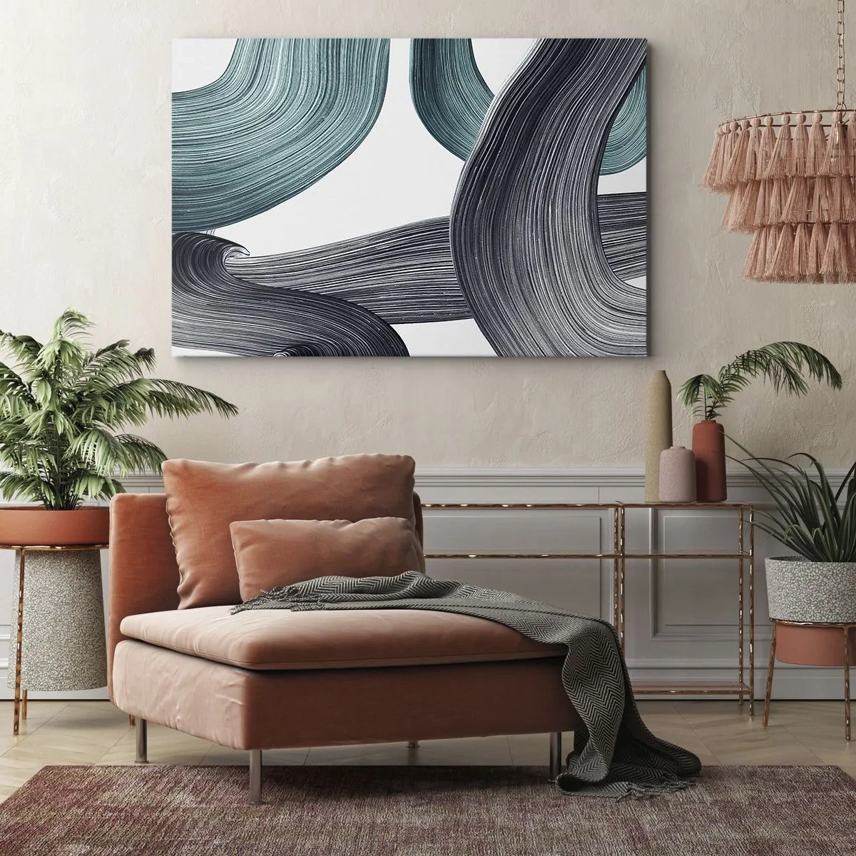 Bild auf Leinwand - Leinwandbild - Fließende abstrakte Linien in Grün- und Grautönen - 120x80cm - Smaragdgrüne und schwarze Pfade - Moderne Wanddekoration für Wohnzimmer und Schlafzimmer ARTTOR