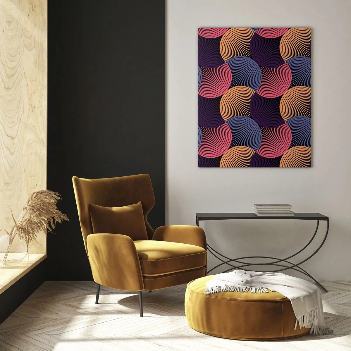 Glasbild - Bild auf glas - Bunte konzentrische Kreise bilden ein geometrisches Muster - 50x70cm - Im kreisenden Rhythmus - Moderne Wanddekoration für Wohnzimmer und Schlafzimmer ARTTOR