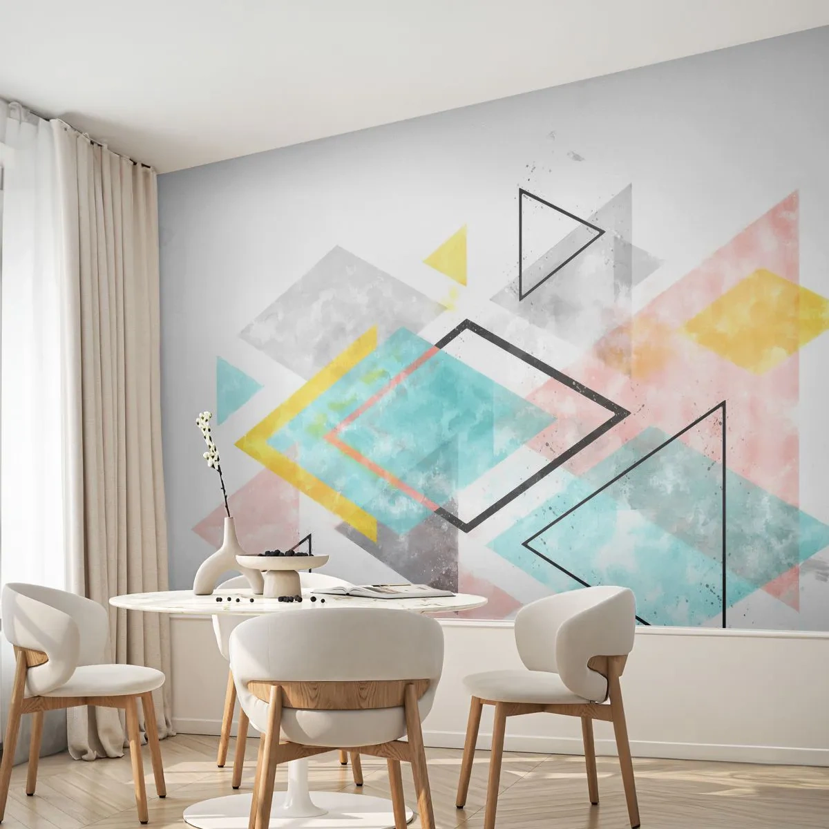 Fototapete Premium Canvas - Bunte geometrische Muster auf weißem Hintergrund - 100x70cm - Geometrisches Spiel - Moderne Wanddekoration für Wohnzimmer und Schlafzimmer ARTTOR