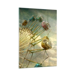 Glasbild - Bild auf glas - Ein Riesenrad vor dem Himmel und Palmen im Retro-Stil - 50x70cm - Es wird Spaß geben ... - Moderne Wanddekoration für Wohnzimmer und Schlafzimmer ARTTOR