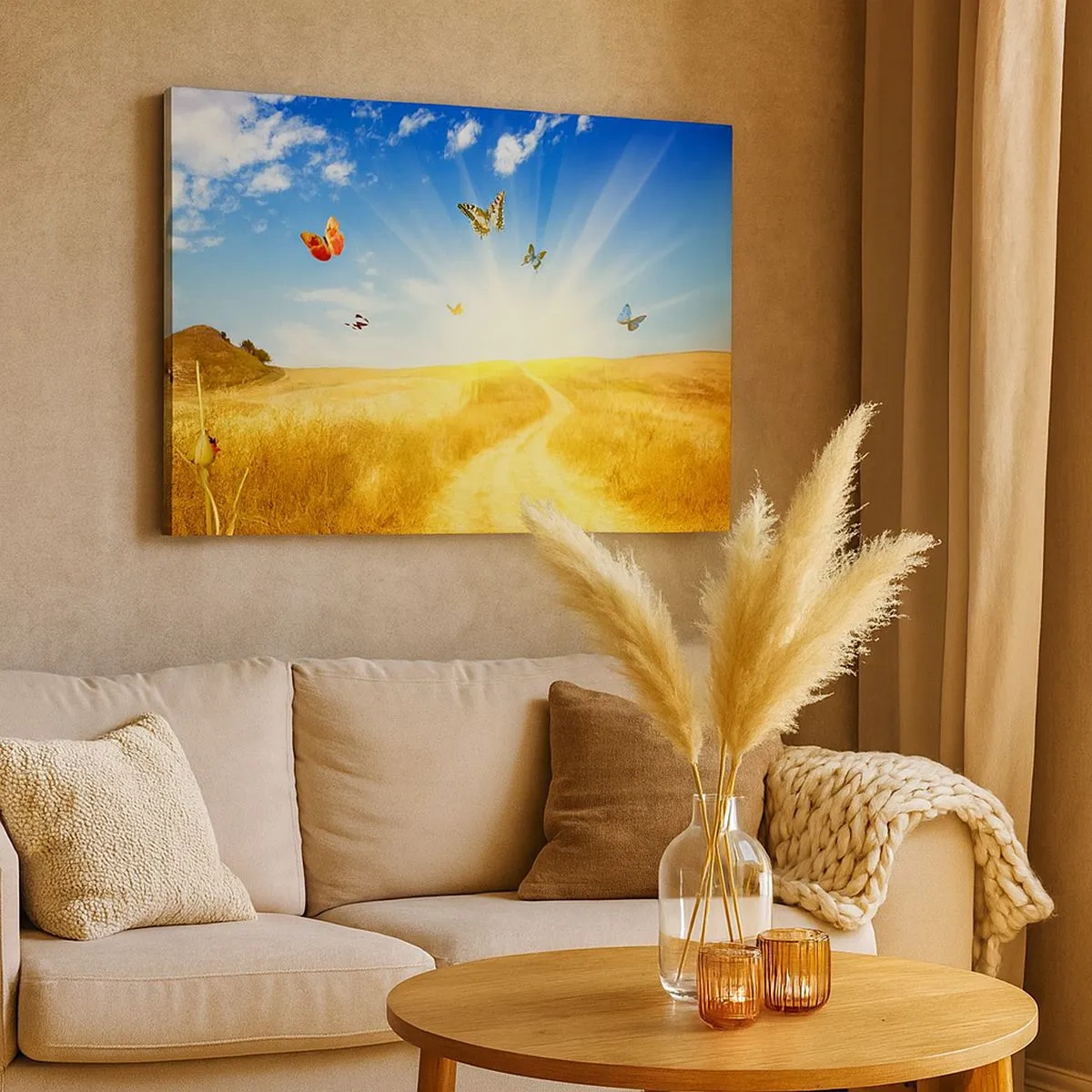 Bild auf Leinwand - Leinwandbild - Ein goldenes Feld, ein Pfad und Schmetterlinge vor einem blauen Himmel - 70x50cm - Und wie kann man den Sommer nicht lieben? - Moderne Wanddekoration für Wohnzimmer und Schlafzimmer ARTTOR