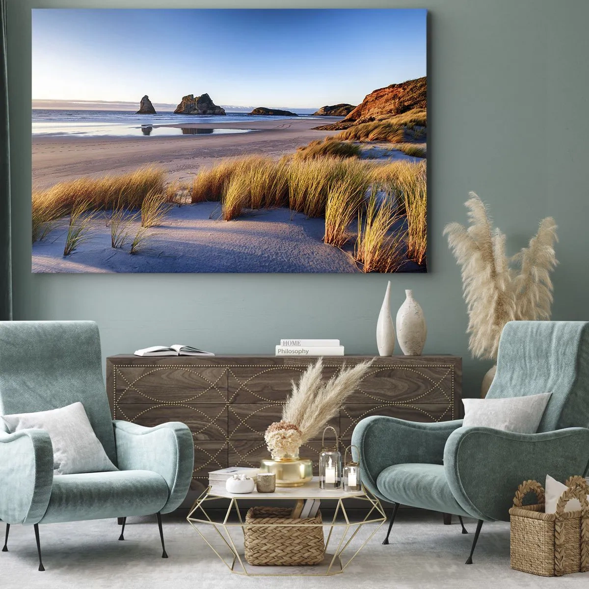 Bild auf Leinwand - Leinwandbild - Ein malerischer Strand mit Blick auf die Felsen und das Meer bei Sonnenuntergang - 70x50cm - Für Friedenssuchende - Moderne Wanddekoration für Wohnzimmer und Schlafzimmer ARTTOR