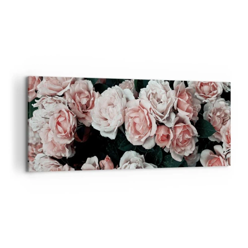 Bild auf Leinwand - Leinwandbild - Rosa Rosen auf dunklem Hintergrund in einer subtilen Komposition - 120x50cm - Rosen-Ensemble - Moderne Wanddekoration für Wohnzimmer und Schlafzimmer ARTTOR