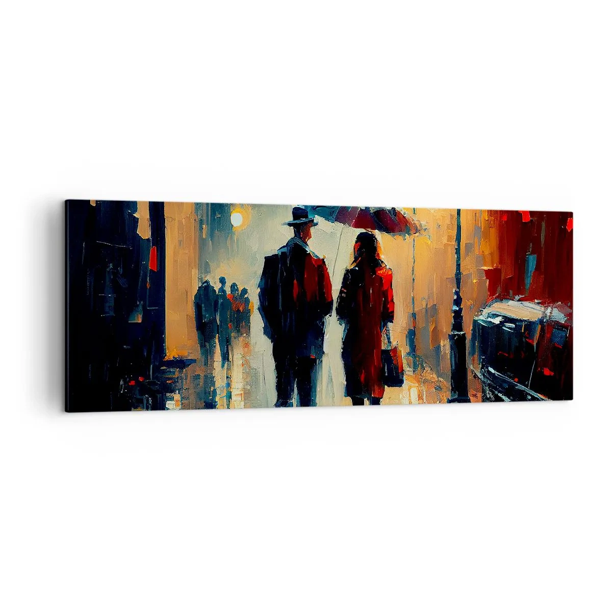 Bild auf Leinwand - Leinwandbild - Nachts im Regen unter einem Regenschirm in der Stadt spazieren gehen - 140x50cm - Urbane Liebesgeschichte - Moderne Wanddekoration für Wohnzimmer und Schlafzimmer ARTTOR