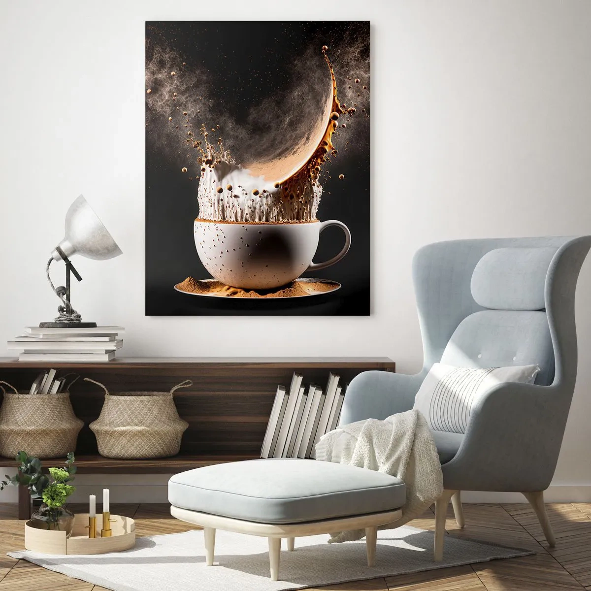 Glasbild - Bild auf glas - Eine Tasse Kaffee mit einer dynamischen Flüssigkeitsexplosion auf schwarzem Hintergrund. - 70x100cm - Geschmacksexplosion - Moderne Wanddekoration für Wohnzimmer und Schlafzimmer ARTTOR