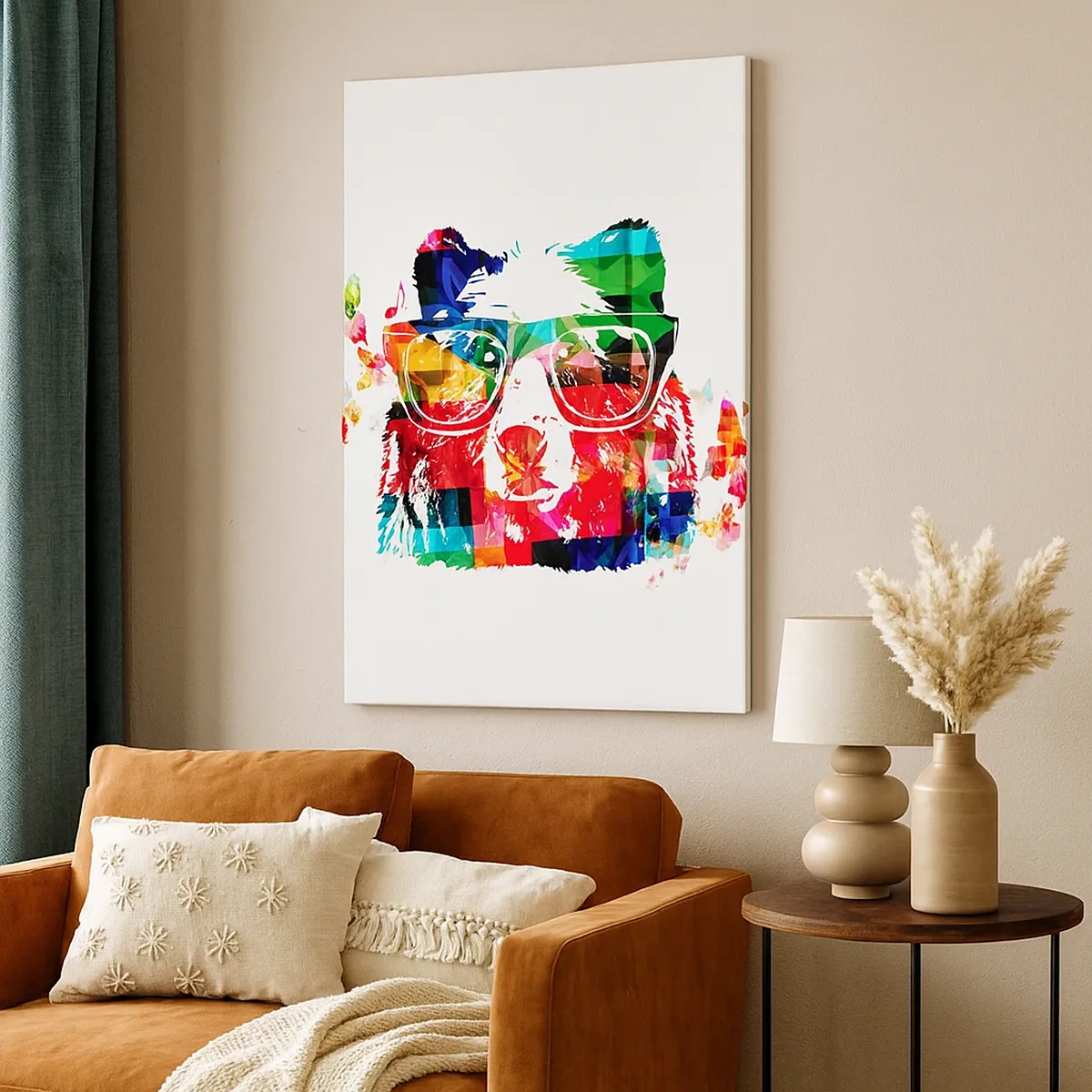 Bild auf Leinwand - Leinwandbild - Bunter Bär mit Brille mit Schmetterlingen und Musiknoten - 50x70cm - Ich mag! - Moderne Wanddekoration für Wohnzimmer und Schlafzimmer ARTTOR