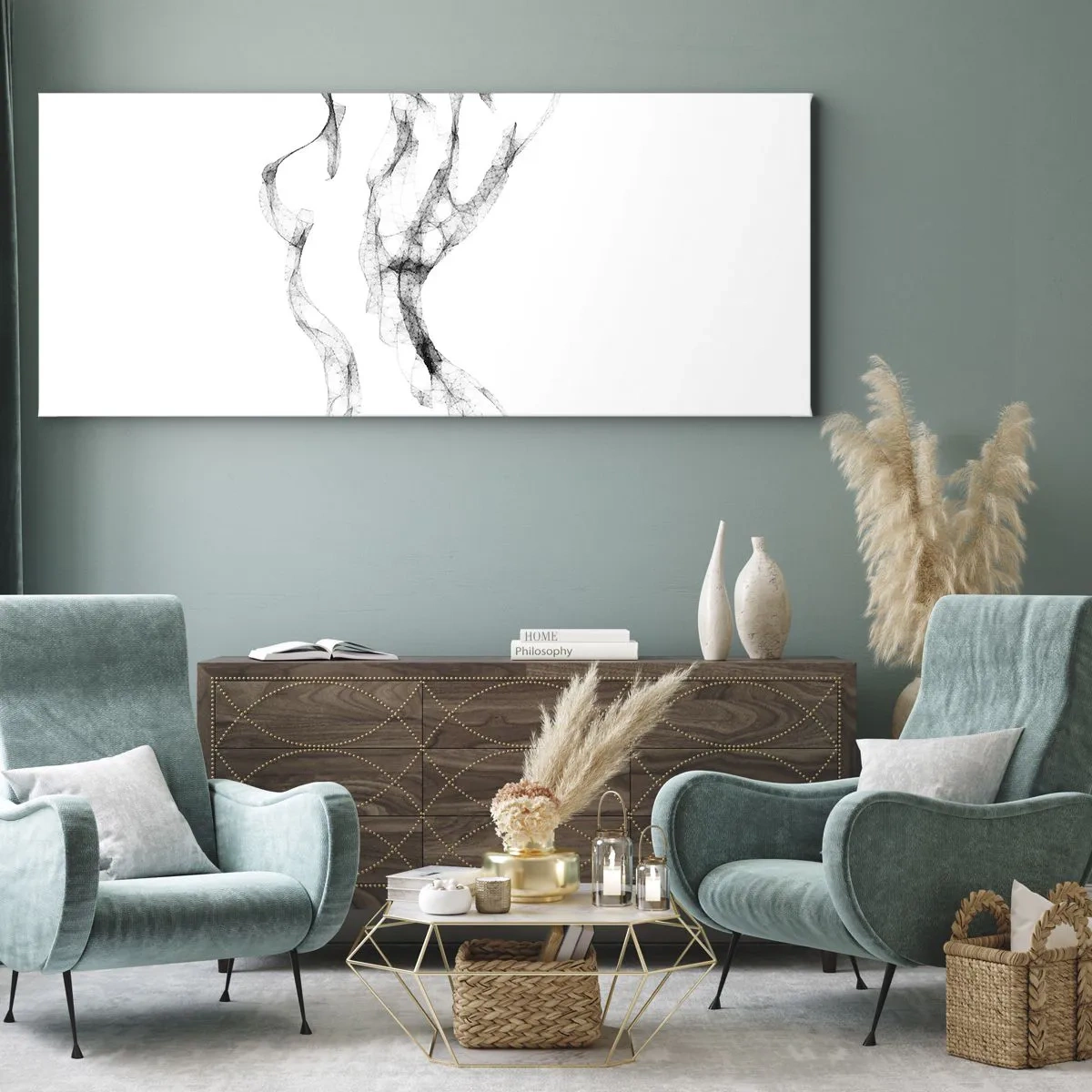 Bild auf Leinwand - Leinwandbild - Zarte, abstrakte Linien, die Rauchfahnen ähneln, auf hellem Hintergrund - 120x50cm - Schön und stark - Moderne Wanddekoration für Wohnzimmer und Schlafzimmer ARTTOR