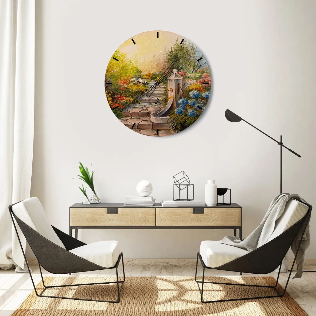 Wanduhr - Glasuhr - Ein Garten mit einem Brunnen, umgeben von bunten Blumen und Bäumen - 30x30cm - In voller Blüte - Moderne Wanddekoration für Wohnzimmer, Küche und Schlafzimmer ARTTOR
