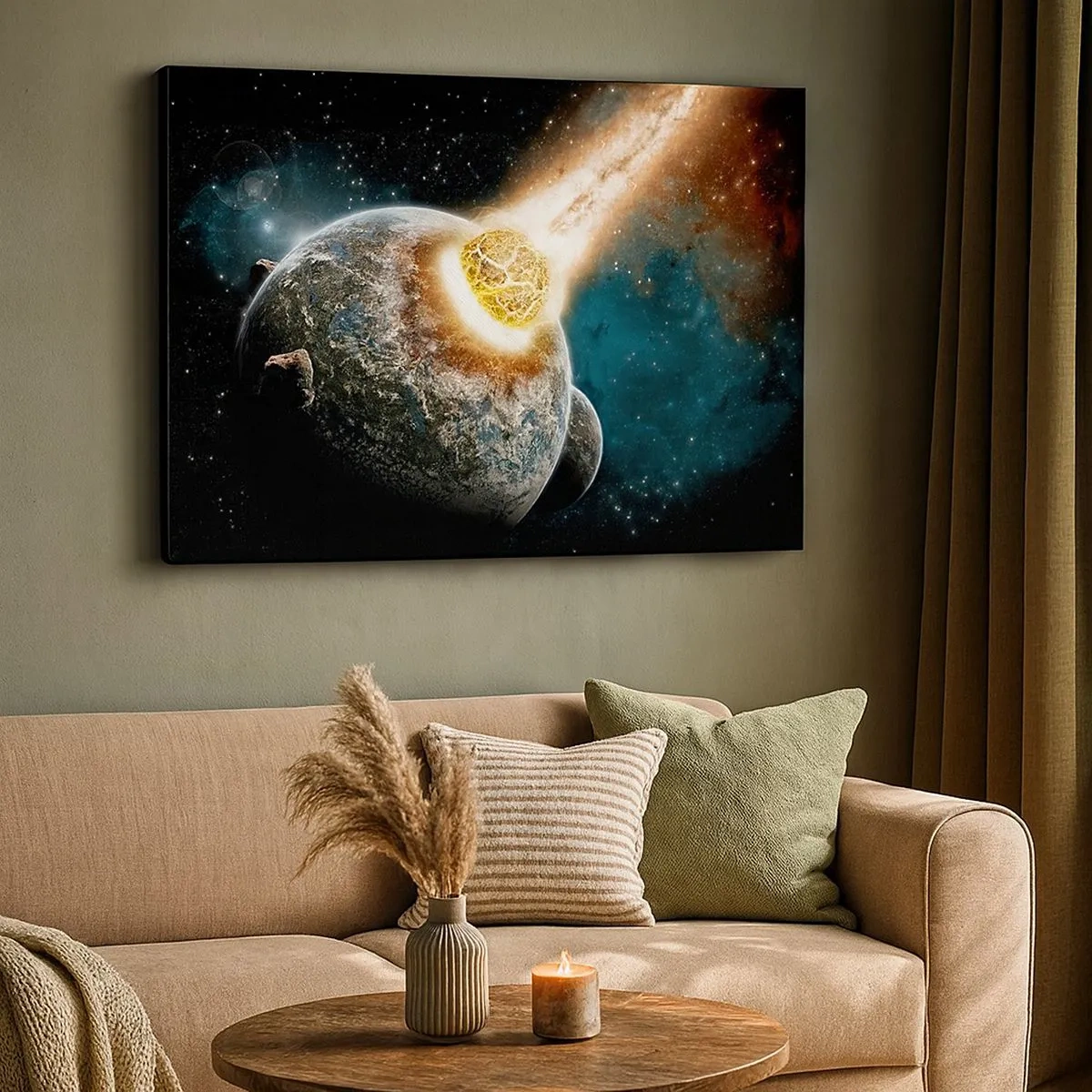 Bild auf Leinwand - Leinwandbild - Kosmische Kollision eines Planeten mit einem Asteroiden in der Nähe der Galaxie. - 70x50cm - Holocaust oder Geburt? - Moderne Wanddekoration für Wohnzimmer und Schlafzimmer ARTTOR