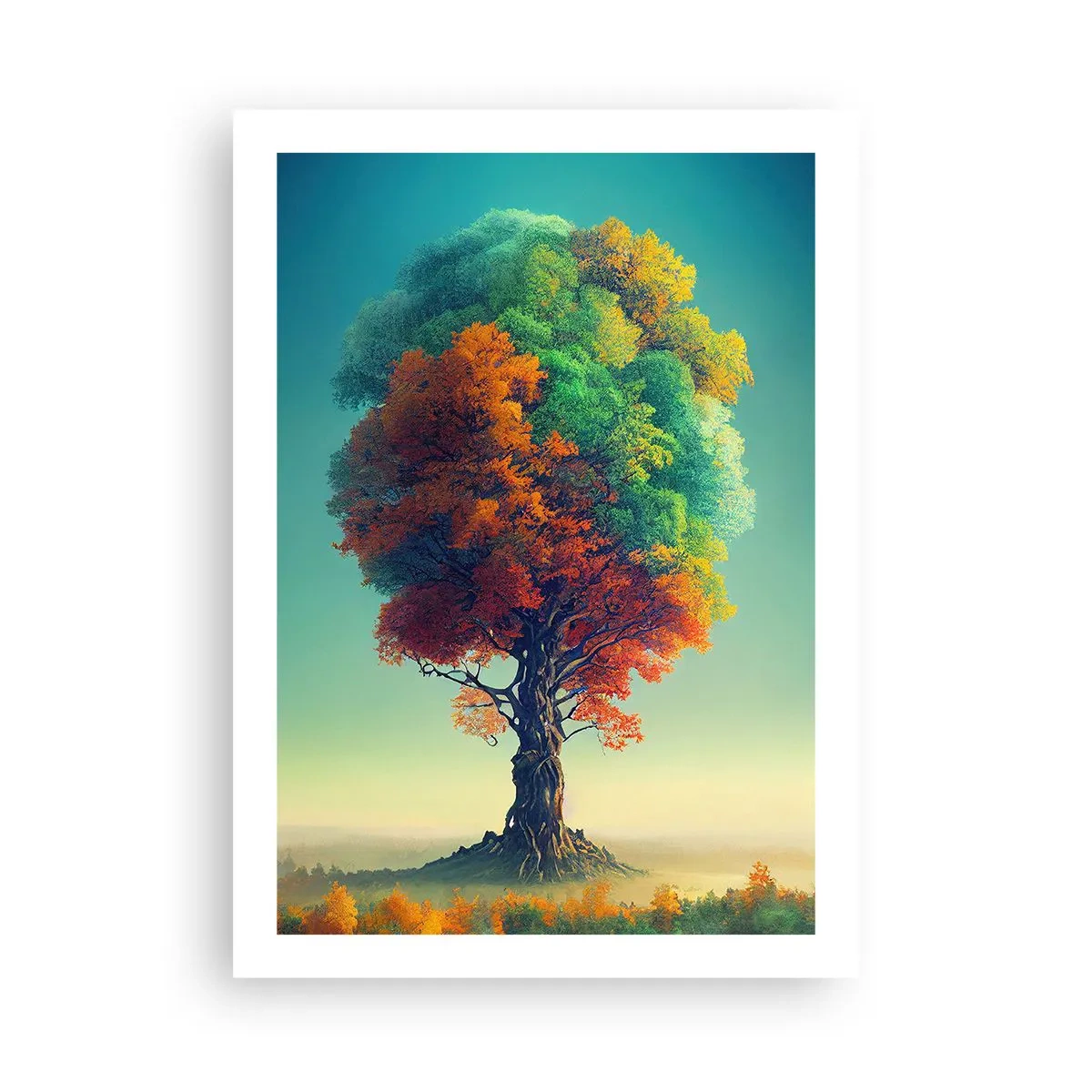 Poster - Ein Baum in den Farben der vier Jahreszeiten - 50x70cm - Eiche – der Vater der Natur - Moderne Wanddekoration für Wohnzimmer und Schlafzimmer ARTTOR