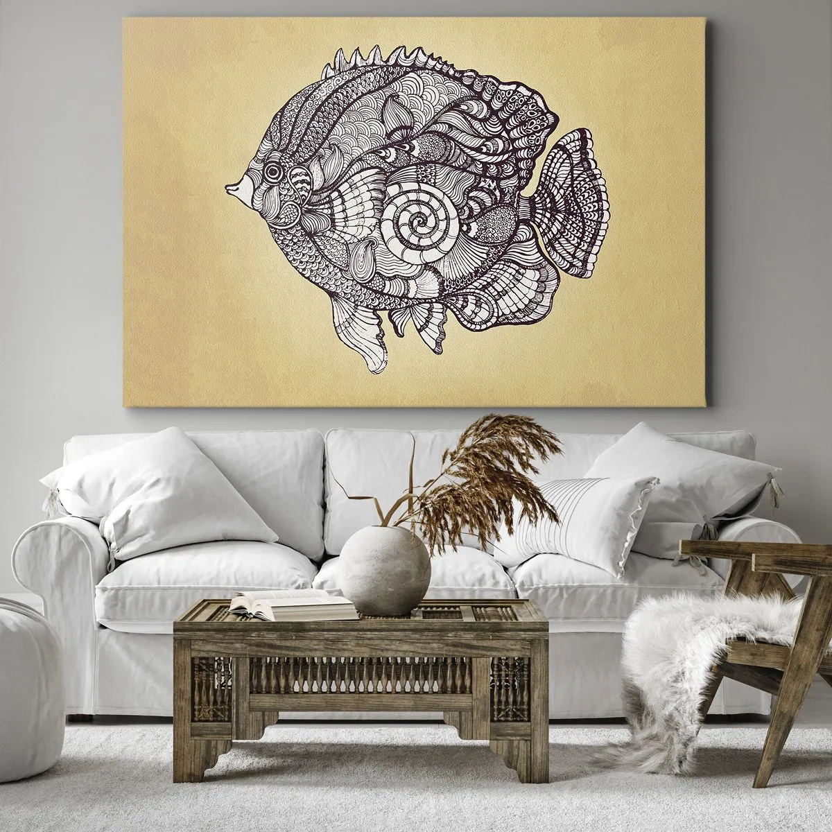 Bild auf Leinwand - Leinwandbild - Dekorativer Fisch im Zeichenstil mit Mustern - 120x80cm - Aus dem Ozean der Ornamente - Moderne Wanddekoration für Wohnzimmer und Schlafzimmer ARTTOR