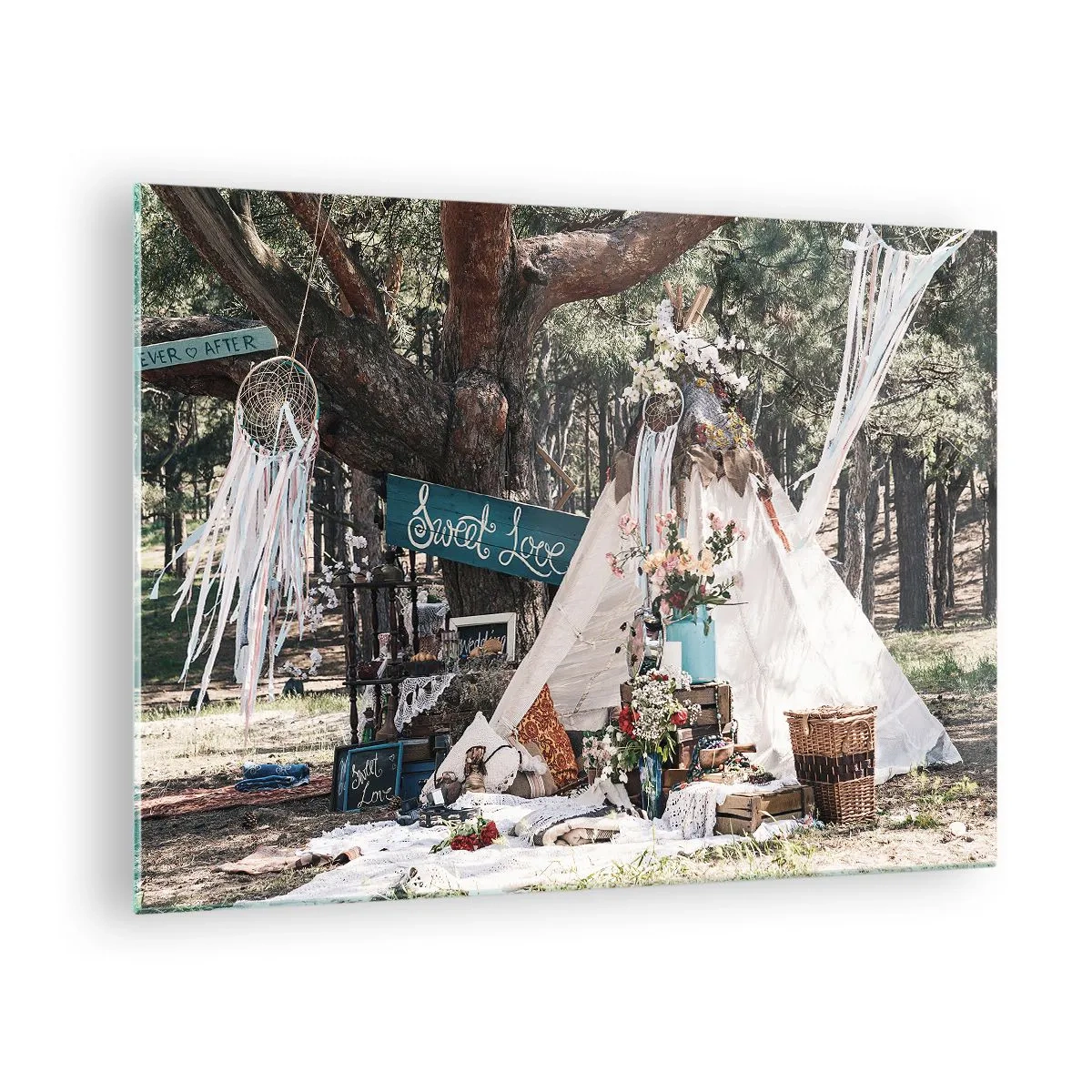 Glasbild - Bild auf glas - Boho Outdoor-Dekoration mit Tipi und Blumen im Wald - 70x50cm - Liebe machen ... - Moderne Wanddekoration für Wohnzimmer und Schlafzimmer ARTTOR