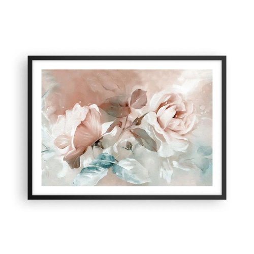 Poster in einem schwarzem Rahmen - Zarte Rosen in Pastelltönen auf hellem Untergrund - 70x50cm - Geist der Romantik - Moderne Wanddekoration für Wohnzimmer und Schlafzimmer ARTTOR