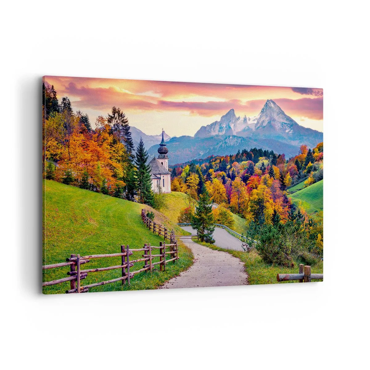 Bild auf Leinwand - Leinwandbild - Herbstliche Berglandschaft mit Kapelle und Sonnenuntergang - 100x70cm - Landschaftsartige Malerei - Moderne Wanddekoration für Wohnzimmer und Schlafzimmer ARTTOR