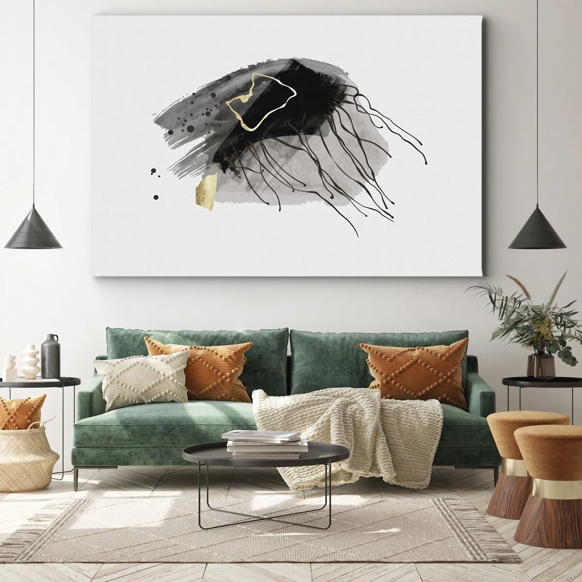 Bild auf Leinwand - Leinwandbild - Eine abstrakte Komposition mit Akzenten in Schwarz und Gold. - 70x50cm - In Schwarz und Gold - Moderne Wanddekoration für Wohnzimmer und Schlafzimmer ARTTOR