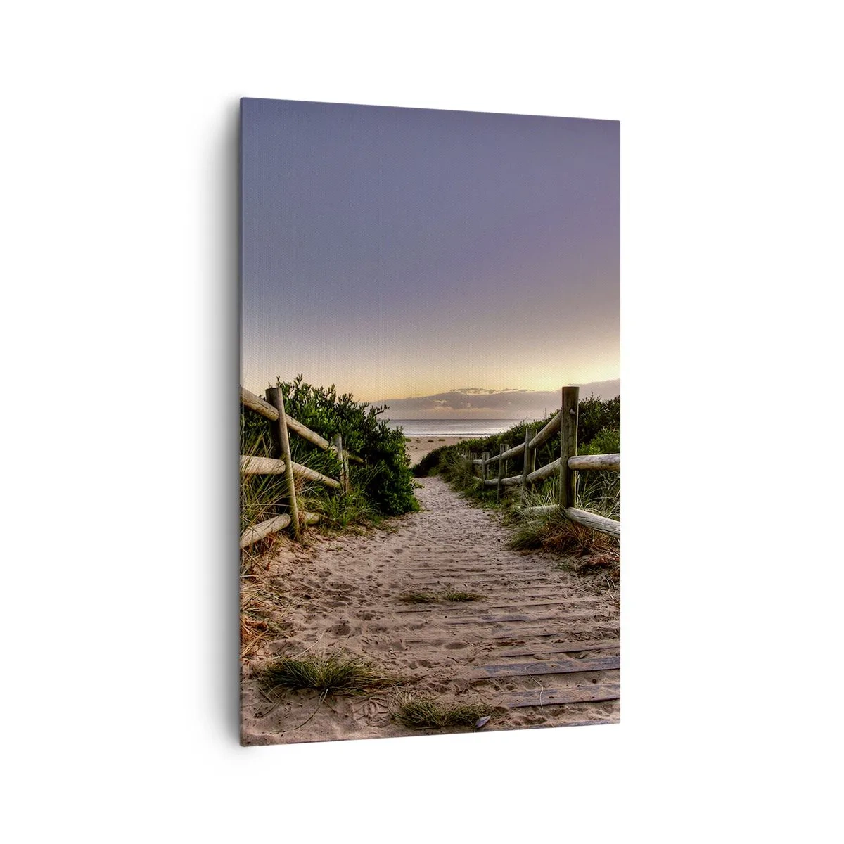 Bild auf Leinwand - Leinwandbild - Holzweg in den Dünen, der bei Sonnenuntergang zum Strand führt - 80x120cm - Das Ziel ist bereits sichtbar - Moderne Wanddekoration für Wohnzimmer und Schlafzimmer ARTTOR