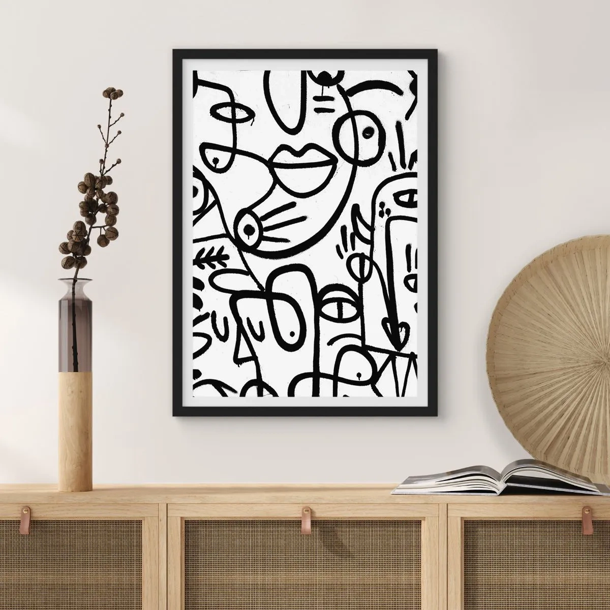 Poster in einem schwarzem Rahmen - Abstrakte schwarze Linien auf weißem Hintergrund - 50x70cm - Gesichter und Luftspiegelungen - Moderne Wanddekoration für Wohnzimmer und Schlafzimmer ARTTOR