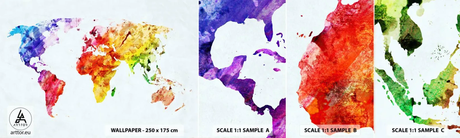 Fototapetenmuster Standard Eco - Alle Farben der Welt - Weltkarte, Grafik, Kontinente - 100x30 cm