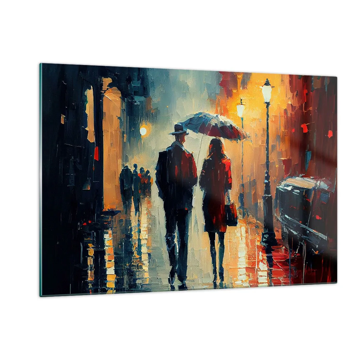 Glasbild - Bild auf glas - Ein Paar mit einem Regenschirm geht nachts eine nasse Straße entlang. - 120x80cm - Urbane Liebesgeschichte - Moderne Wanddekoration für Wohnzimmer und Schlafzimmer ARTTOR