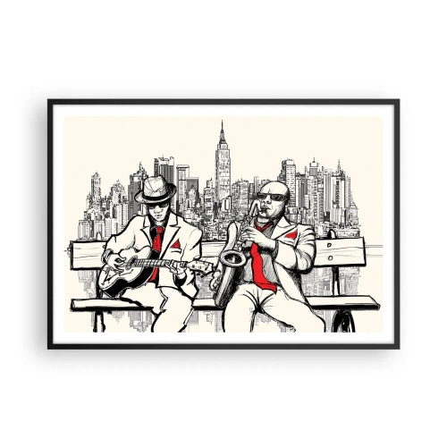 Poster in einem schwarzem Rahmen - Ein Jazzduo mit Saxophon und Gitarre vor der Kulisse der Stadt - 100x70cm - New Yorker Improvisation - Moderne Wanddekoration für Wohnzimmer und Schlafzimmer ARTTOR