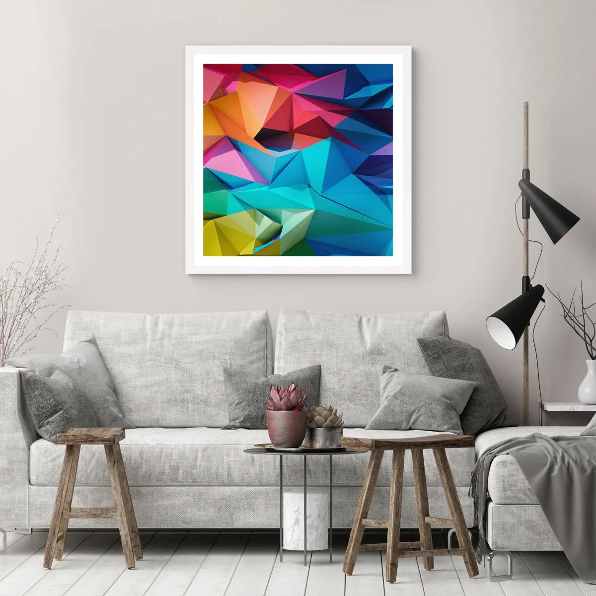 Poster in einem weißen Rahmen - Regenbogen-Origami - 50x50 cm
