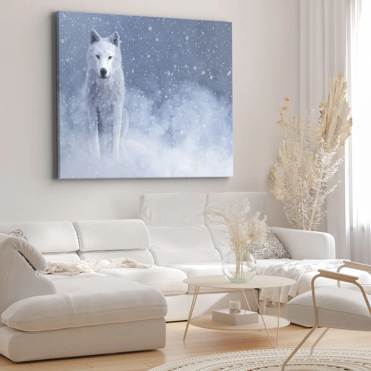 Bild auf Leinwand - Leinwandbild - Weißer Wolf in einer verschneiten Landschaft - 70x50cm - In Winterstimmung - Moderne Wanddekoration für Wohnzimmer und Schlafzimmer ARTTOR