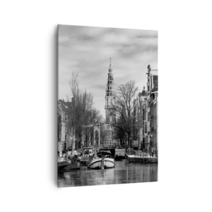 Bild auf Leinwand - Leinwandbild - Schwarz-Weiß-Panorama von Amsterdam mit Kanal und historischen Gebäuden - 70x100cm - Amsterdamer Atmosphäre - Moderne Wanddekoration für Wohnzimmer und Schlafzimmer ARTTOR