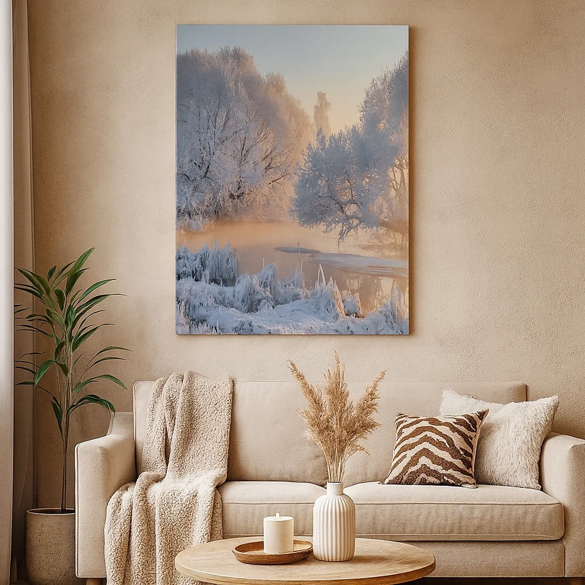Bild auf Leinwand - Leinwandbild - Winterlandschaft mit schneebedeckten Bäumen und einem Sonnenuntergang - 50x70cm - Alles im Kristall glänzt in der Sonne - Moderne Wanddekoration für Wohnzimmer und Schlafzimmer ARTTOR