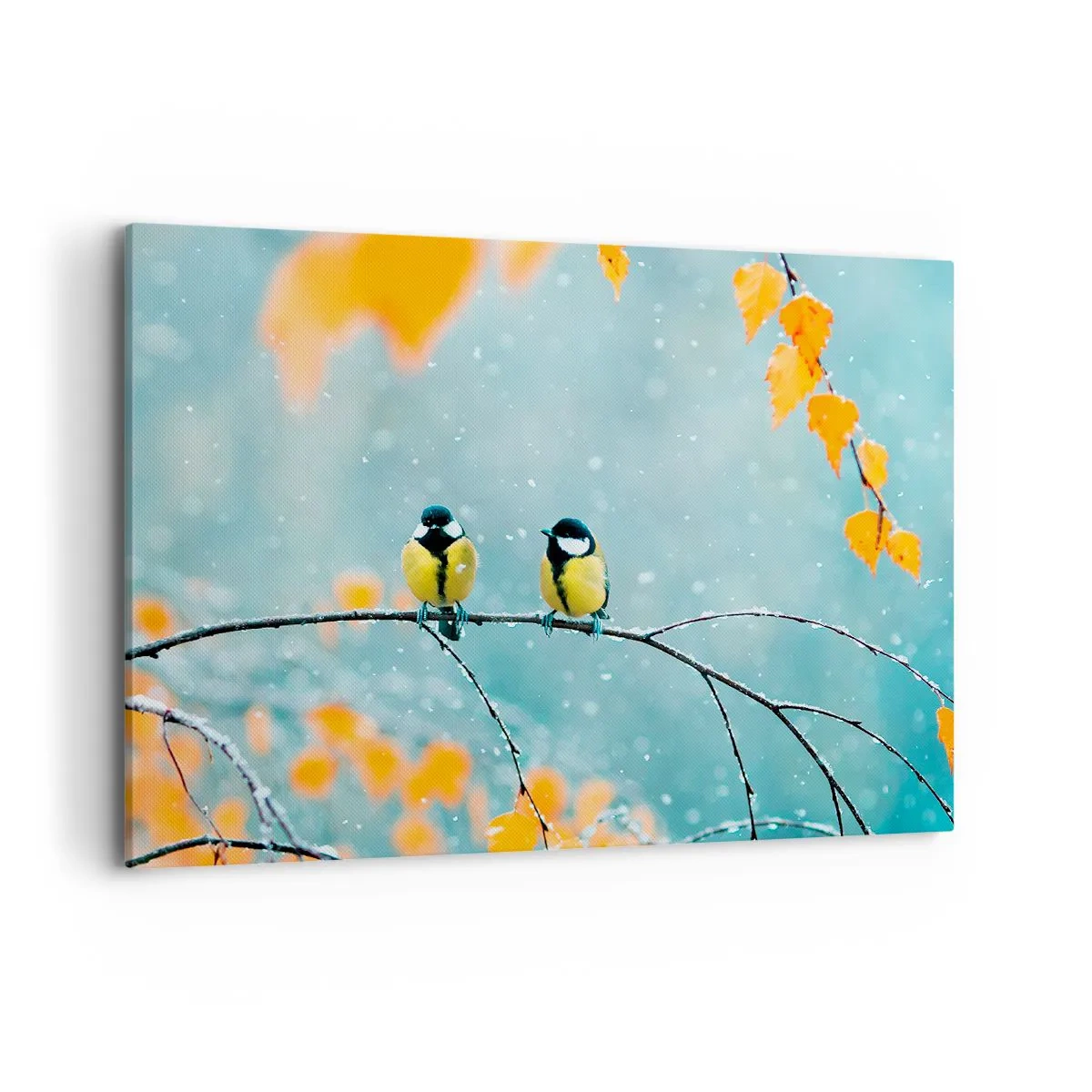 Bild auf Leinwand - Leinwandbild - Zwei Vögel auf einem Ast in einer Winterlandschaft mit gelben Blättern. - 100x70cm - Vogelklatsch - Moderne Wanddekoration für Wohnzimmer und Schlafzimmer ARTTOR