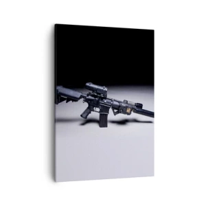 Bild auf Leinwand - Leinwandbild - Ein modernes Gewehr in Schwarz auf dunklem Hintergrund - 50x70cm - dunkler Ritter - Moderne Wanddekoration für Wohnzimmer und Schlafzimmer ARTTOR