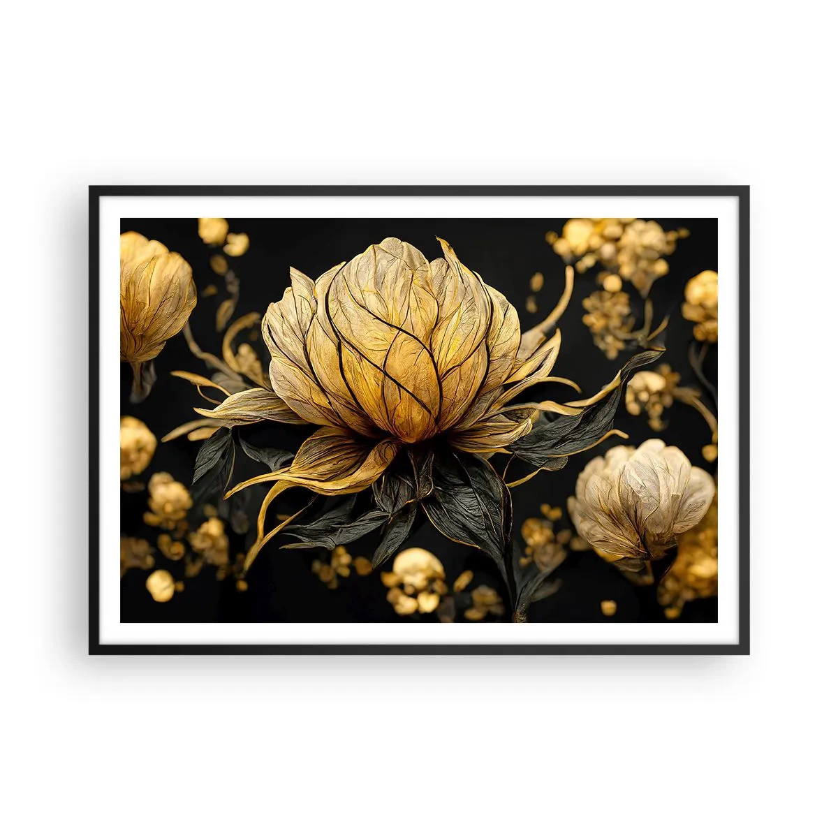 Poster in einem schwarzem Rahmen - Goldene Blume auf dunklem Hintergrund - 100x70cm - Subtile Zerbrechlichkeit - Moderne Wanddekoration für Wohnzimmer und Schlafzimmer ARTTOR