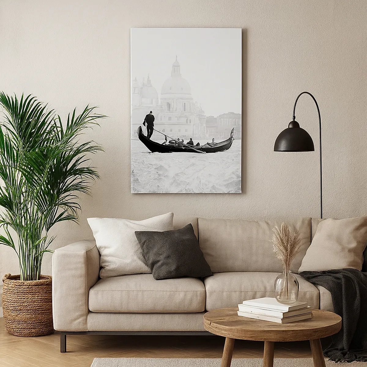 Bild auf Leinwand - Leinwandbild - Eine Gondel mit der Basilika im Hintergrund in Schwarzweiß - 50x70cm - Reise zu den Quellen der Schönheit - Moderne Wanddekoration für Wohnzimmer und Schlafzimmer ARTTOR