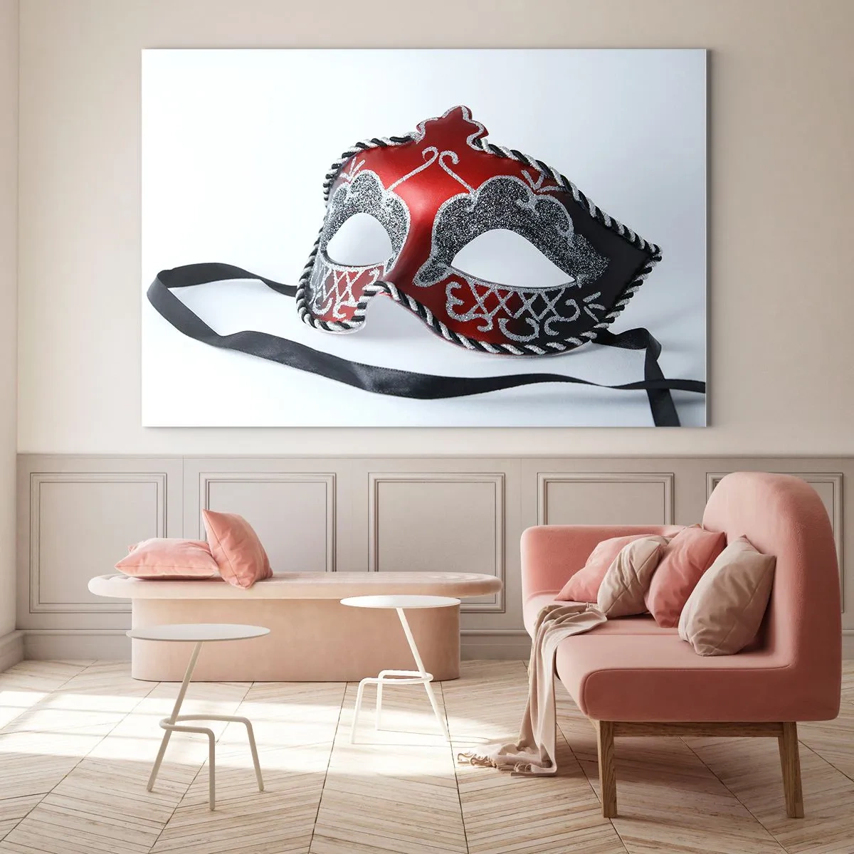 Glasbild - Bild auf glas - Karnevalsmaske in Rot und Silber - 120x80cm - Einladung zum Abschlussball - Moderne Wanddekoration für Wohnzimmer und Schlafzimmer ARTTOR