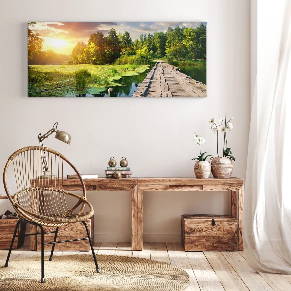Bild auf Leinwand - Leinwandbild - Eine malerische Landschaft mit einer Brücke und einem Schwan - 140x50cm - Sommer, Sommer überall - Moderne Wanddekoration für Wohnzimmer und Schlafzimmer ARTTOR