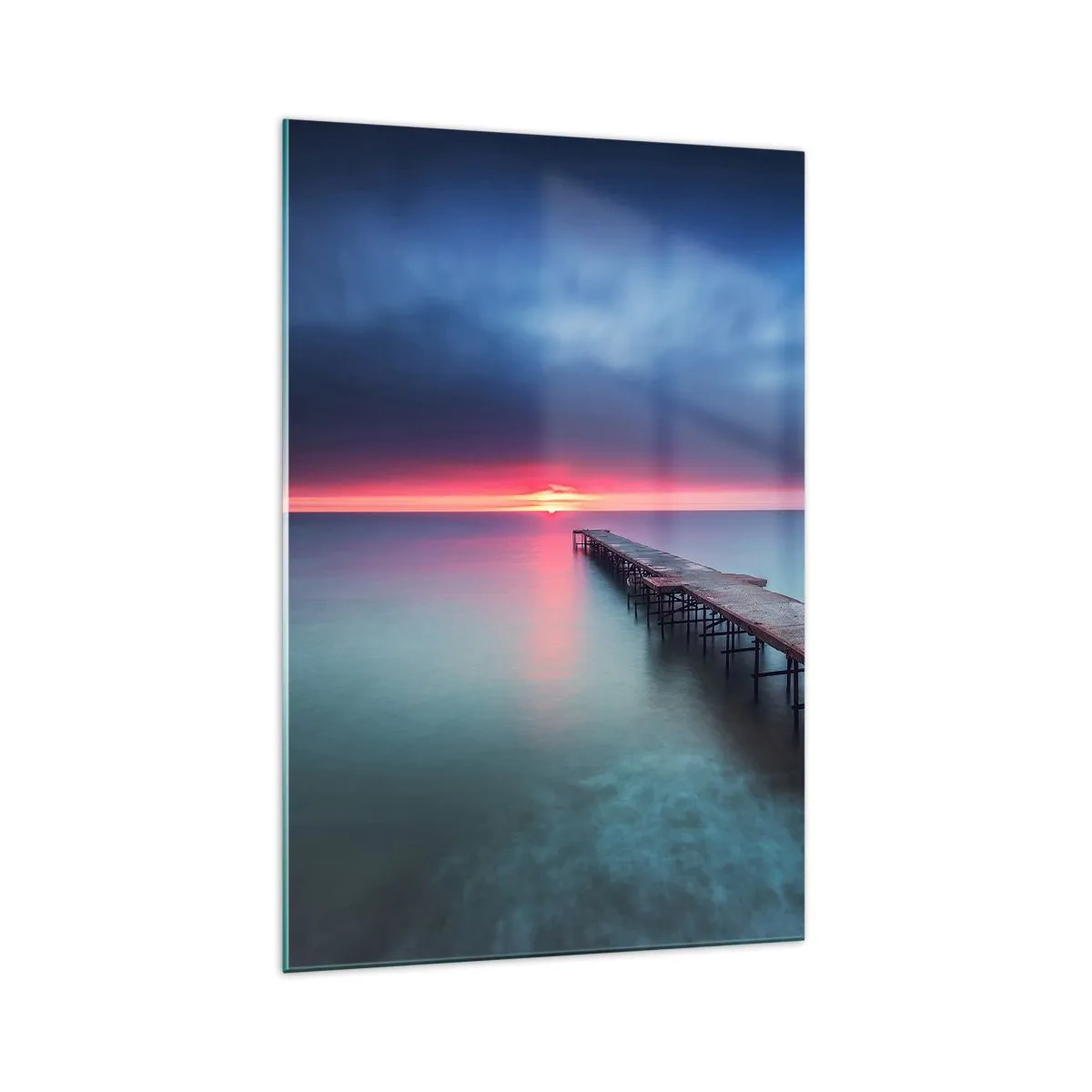 Glasbild - Bild auf glas - Ein Holzsteg, der bei Sonnenuntergang direkt aufs Meer hinausführt - 70x100cm - Zwischen Himmel und Erde - Moderne Wanddekoration für Wohnzimmer und Schlafzimmer ARTTOR
