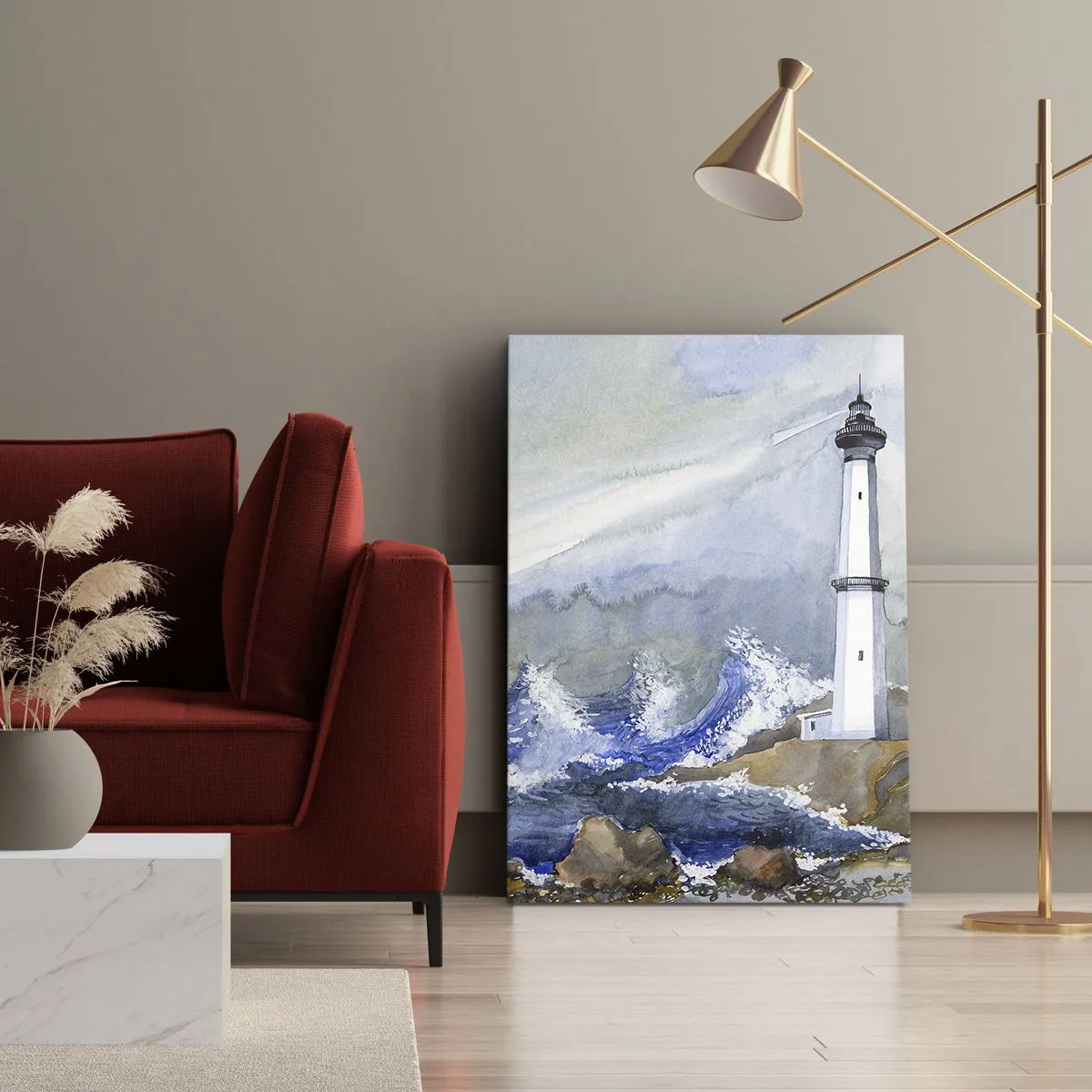 Bild auf Leinwand - Leinwandbild - Ein Leuchtturm an einer felsigen Küste mit rauer See - 50x70cm - Gegen die Dunkelheit und den Sturm - Moderne Wanddekoration für Wohnzimmer und Schlafzimmer ARTTOR