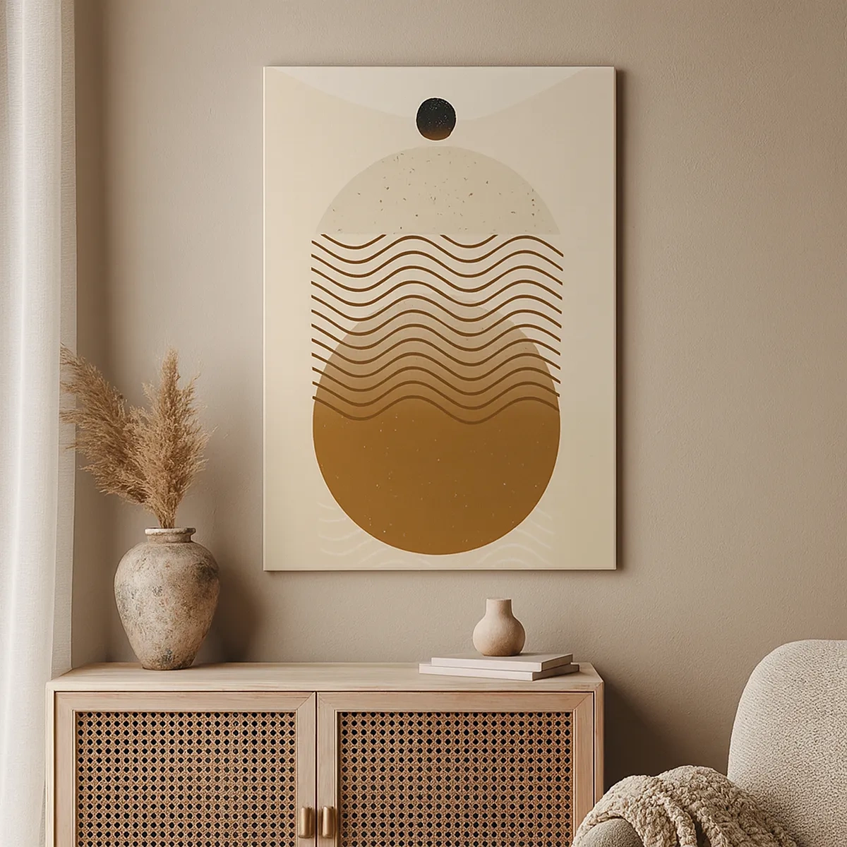 Bild auf Leinwand - Leinwandbild - Geometrische Abstraktion mit Kreisen und Wellenlinien in warmen Farben. - 50x70cm - Zur Entstehung geometrischer Figuren - Moderne Wanddekoration für Wohnzimmer und Schlafzimmer ARTTOR