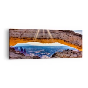 Bild auf Leinwand - Leinwandbild - Felsbogen mit Blick auf den Canyon bei Sonnenaufgang - 140x50cm - Durch das Felsentor - Moderne Wanddekoration für Wohnzimmer und Schlafzimmer ARTTOR