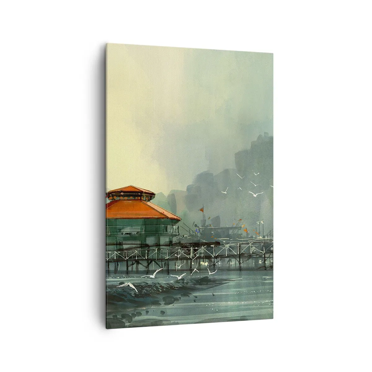 Bild auf Leinwand - Leinwandbild - Hafengebäude in einer regnerischen Landschaft mit Möwen - 80x120cm - Ein sonniger Tag im Hafen - Moderne Wanddekoration für Wohnzimmer und Schlafzimmer ARTTOR
