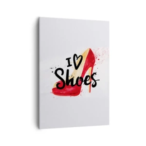 Bild auf Leinwand - Leinwandbild - Roter Stiletto mit der Aufschrift „I love Shoes“ auf weißem Hintergrund - 50x70cm - Liebe hat viele Namen - Moderne Wanddekoration für Wohnzimmer und Schlafzimmer ARTTOR