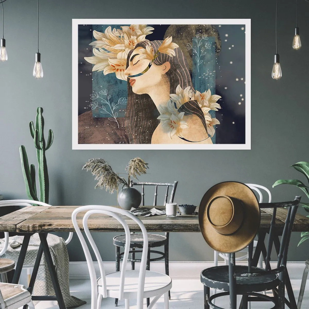 Poster - Porträt einer Frau mit Blumen im künstlerischen Stil auf dunklem Hintergrund - 100x70cm - Ein Märchen über eine Prinzessin mit Lilien - Moderne Wanddekoration für Wohnzimmer und Schlafzimmer ARTTOR