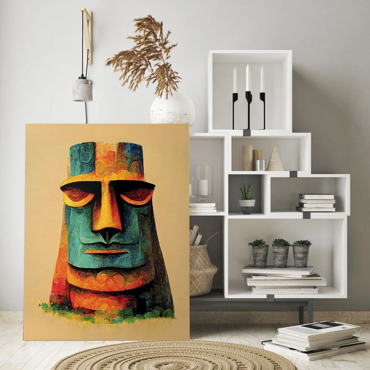 Glasbild - Bild auf glas - Ein farbenfrohes Porträt, inspiriert von einer Steinstatue auf beigem Hintergrund. - 50x70cm - Statuenhaft und sympathisch - Moderne Wanddekoration für Wohnzimmer und Schlafzimmer ARTTOR