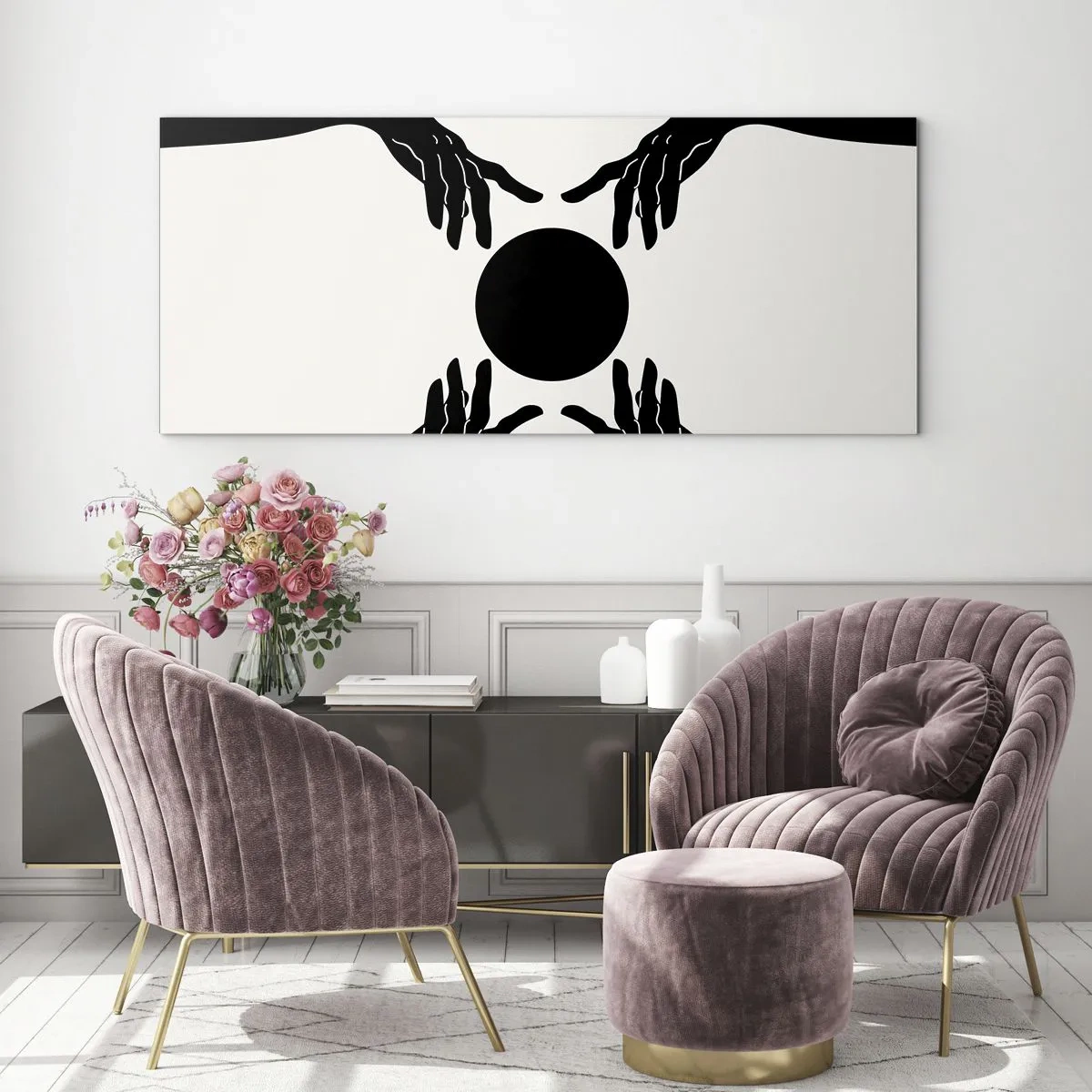 Glasbild - Bild auf glas - Schwarze Hände in einer symmetrischen Komposition mit einer Kugel - 120x50cm - Geheimes Zeichen - Moderne Wanddekoration für Wohnzimmer und Schlafzimmer ARTTOR