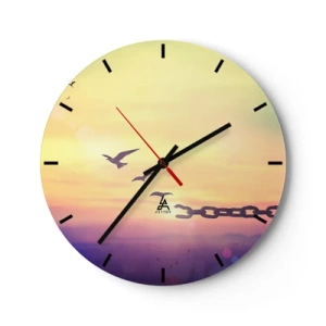 Wanduhr - Glasuhr - Vögel im Hintergrund eines Sonnenuntergangs mit einer gebrochenen Kette - 30x30cm - Der Sieg der Freiheit - Moderne Wanddekoration für Wohnzimmer, Küche und Schlafzimmer ARTTOR
