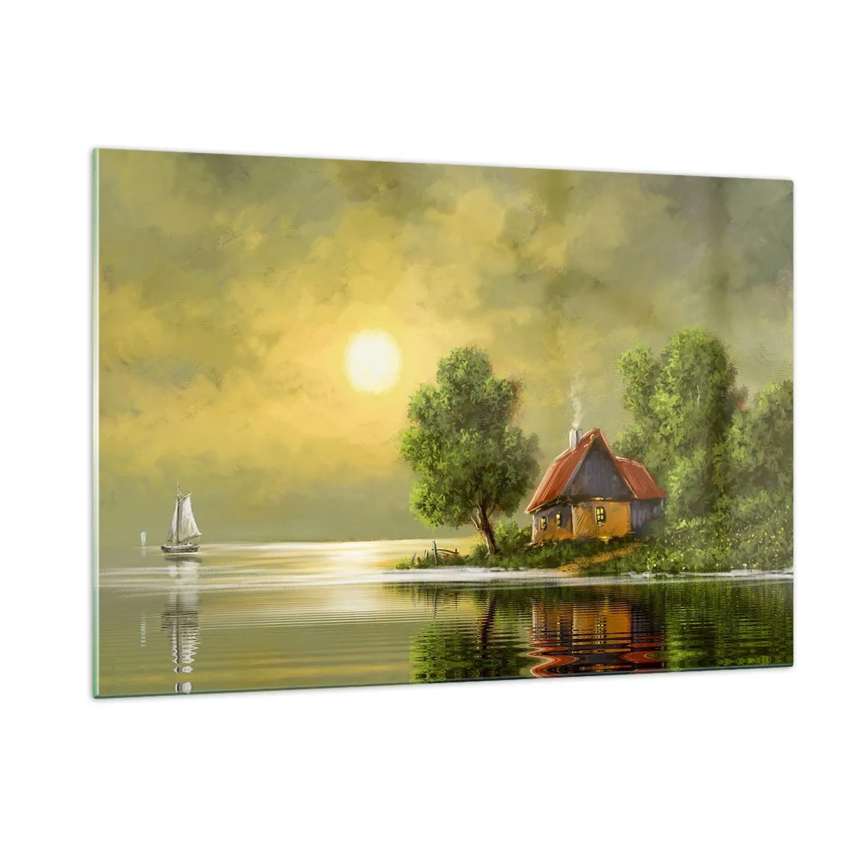 Glasbild - Bild auf glas - Eine malerische Landschaft mit einem Häuschen am See bei Sonnenuntergang - 120x80cm - Schön, wie ein Bild - Moderne Wanddekoration für Wohnzimmer und Schlafzimmer ARTTOR