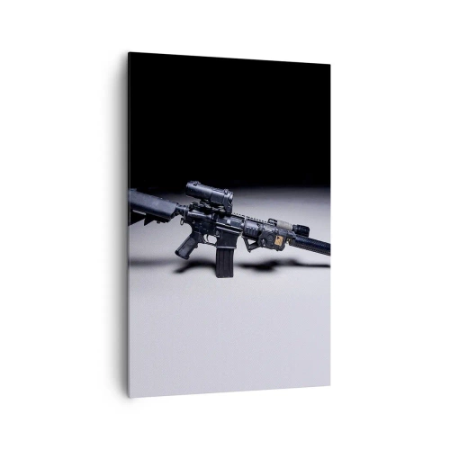 Bild auf Leinwand - Leinwandbild - Ein modernes Gewehr in Schwarz auf dunklem Hintergrund - 80x120cm - dunkler Ritter - Moderne Wanddekoration für Wohnzimmer und Schlafzimmer ARTTOR