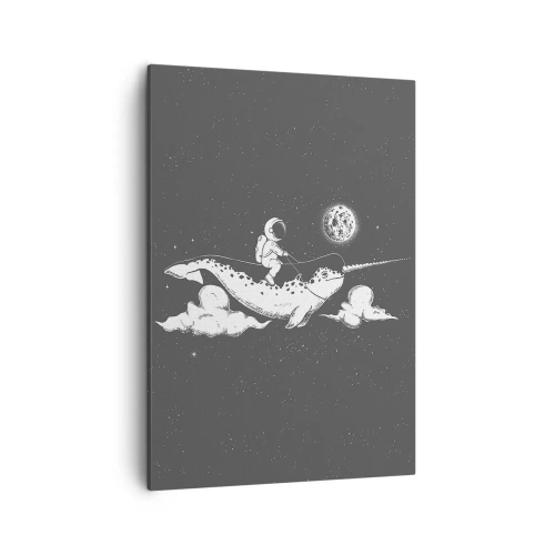 Bild auf Leinwand - Leinwandbild - Ein Astronaut auf dem Rücken eines Narwals, der in einer Weltraumszene schwimmt. - 50x70cm - Weltraumreiter - Moderne Wanddekoration für Wohnzimmer und Schlafzimmer ARTTOR